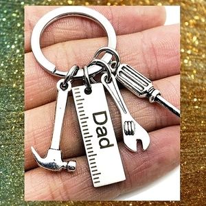 NWOT Stainless Steel "Dad" silver plated tool charm keyring.